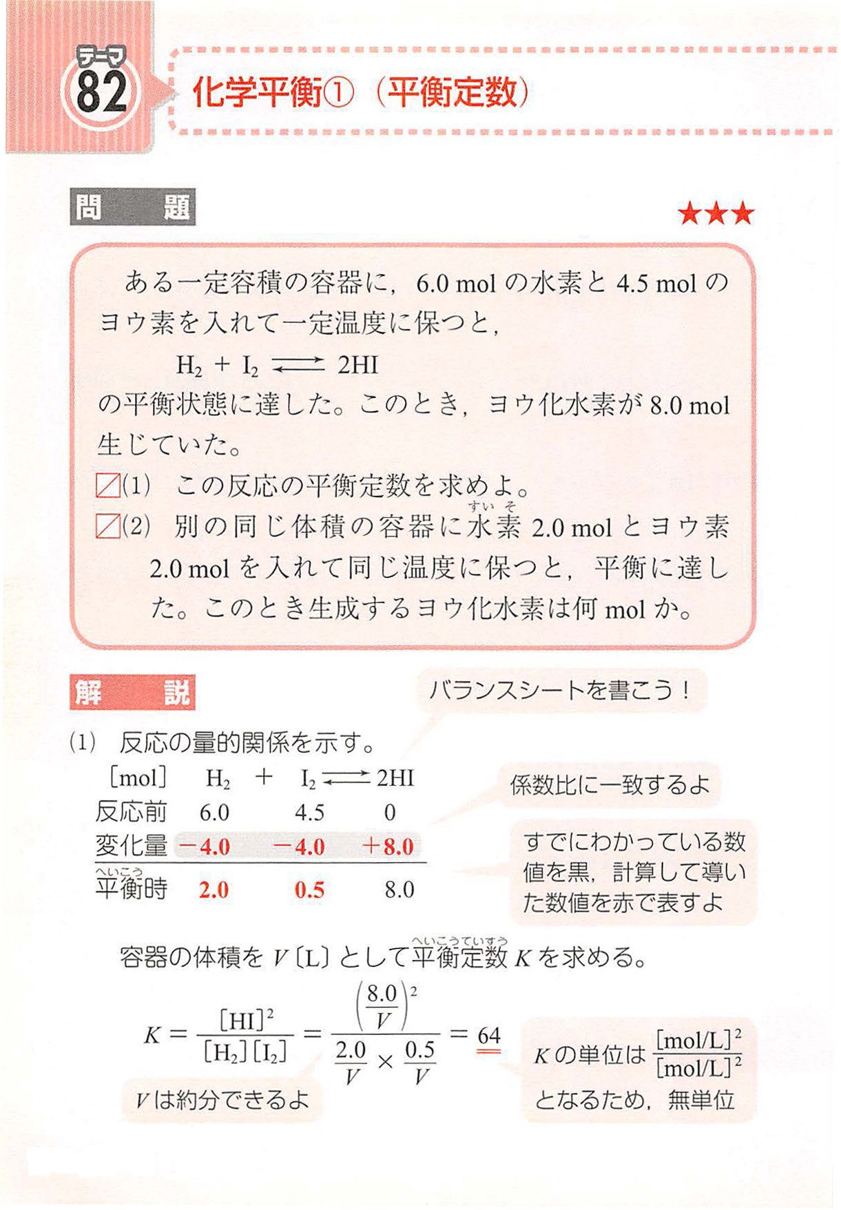 西村能一 科学の名著50冊が1冊でざっと学べる Kadokawa 化学計算問題 化学平衡 平衡定数 ある一定容積の容器に 6 0molの水素と4 5molのヨウ素を入れて一定温度に保つと H I 2hiの平衡状態に達した このとき ヨウ化水素が8 0mol生じ