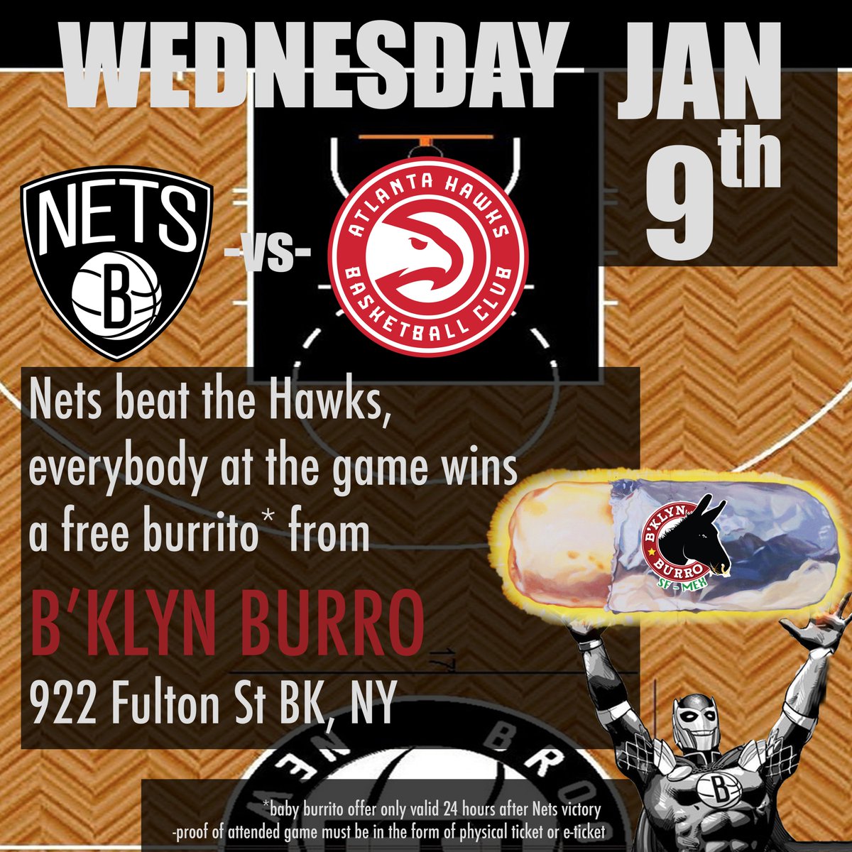 Nets beat <a href="/TheTraeYoung/">Trae Young</a> <a href="/mrvincecarter15/">Vince Carter</a> <a href="/JLin7/">Jeremy Lin</a> + <a href="/ATLHawks/">Atlanta HaWWWWWWWWks</a> all <a href="/BrooklynNets/">Brooklyn Nets</a> fans win a free burrito! Keep your ticket and grab your free burrito all day tomorrow <a href="/BklynBurro/">B'klyn Burro</a>. #WeGoHardForBurros #WeWantBurros #SpreadBurritoLove #OnlyInBrooklyn 🏀🌯❤️🖤