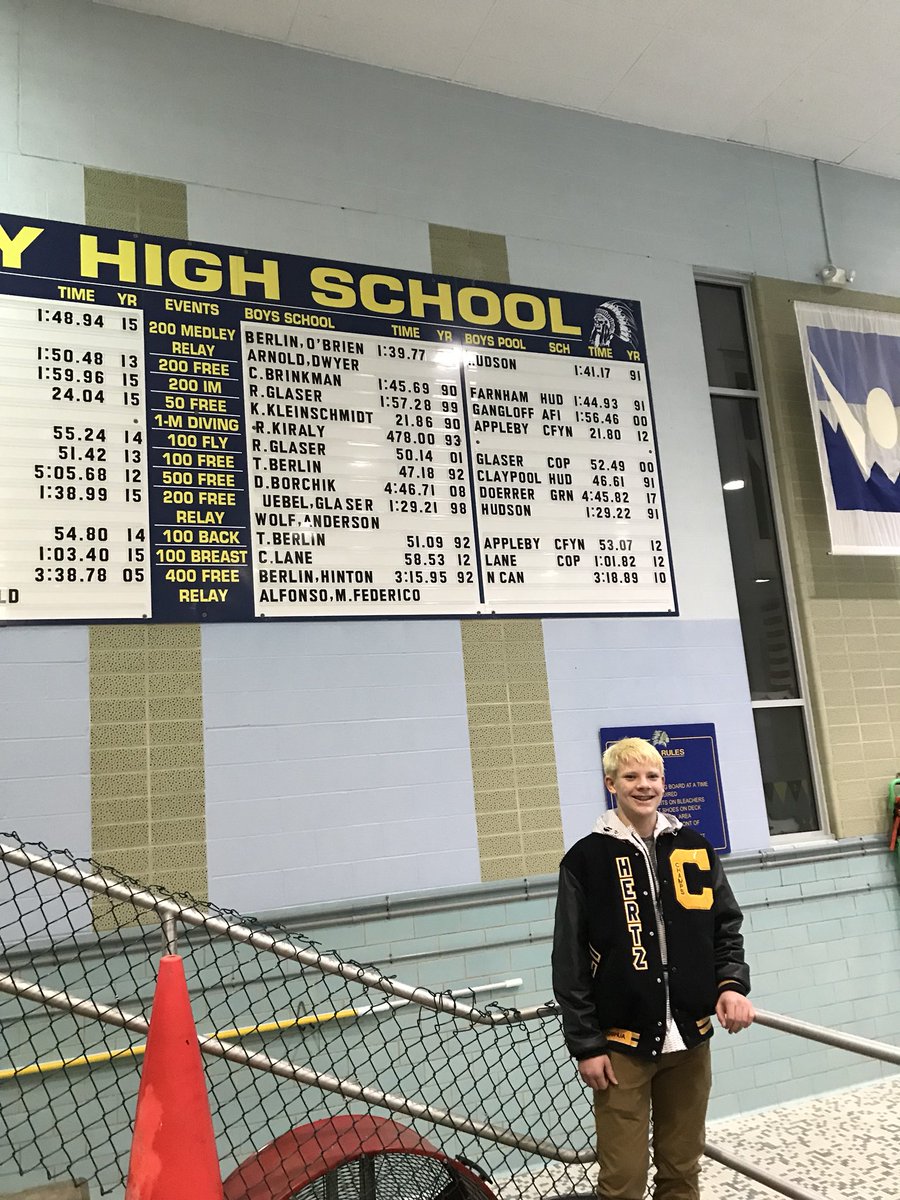 copley_swimming's tweet photo. On the snowy night of December 9th a Copley High School pool record was snatched by sophomore Josh Hertz. Josh broke the 100 breaststroke pool record (previously set by Chris Lane, 2012) with a 1:01.81. Confirmed, Josh is an animal. #recordswillfall https://t.co/DGuMEMHauB