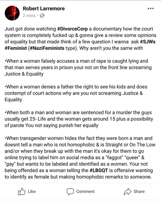 A question I have for #SJWs / #Feminists (#Feminazi type) if everything is about #Justice &amp; #Equality<a href="/tag/sjws"class="tags">#SJWs</a><a href="/tag/feminists"class="tags">#Feminists</a><a href="/tag/feminazi"class="tags">#Feminazi</a><a href="/tag/equality"class="tags"><span>#equality</span></a><a href="/tag/justice"class="tags"><span>#justice</span></a><a href="/tag/riddlemethis"class="tags"><span>#riddlemethis</span></a>