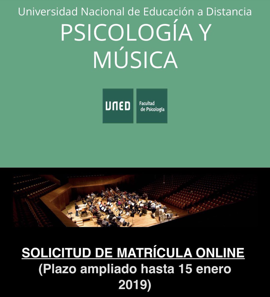 El 15 de enero se cierra la inscripción de los másters de psicología y música del Programa Modular de Formación de la UNED 
<a href="/UNEDpsicomusica/">Psicología y Música</a> facebook.com/14455361964143…