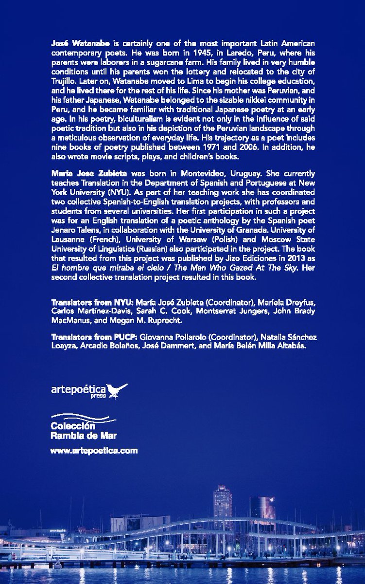 I’m very happy to announce the publication of the first Spanish-English bilingual anthology in the United States of José Watanabe, one of the most renowned contemporary Peruvian poets.
amazon.com/dp/1940075785/…