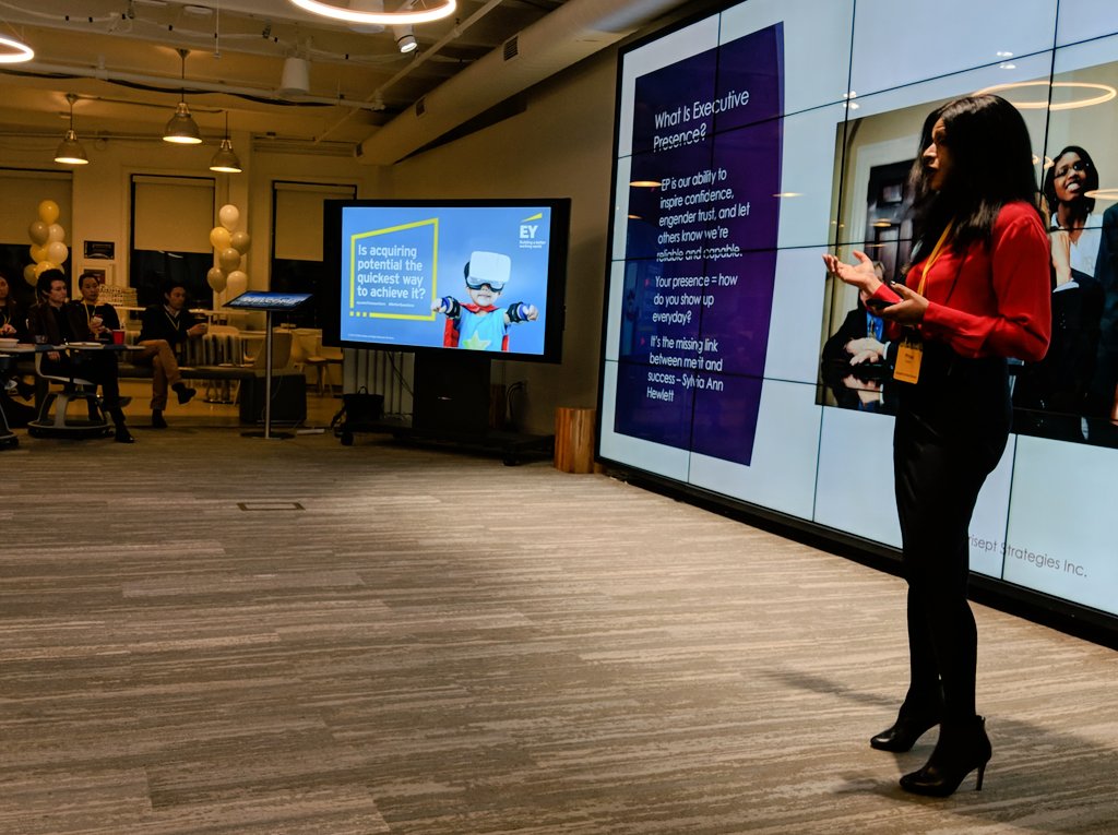 EdwinaJohnson's tweet photo. Lots of great insight from @SaraElinson &amp; @PriSept at this evenings @NYCFintechWomen event on executive presence - glad to have been able to share some of my experience with the group too. Thanks to @EYnews for hosting us! https://t.co/QJabBXfB4c