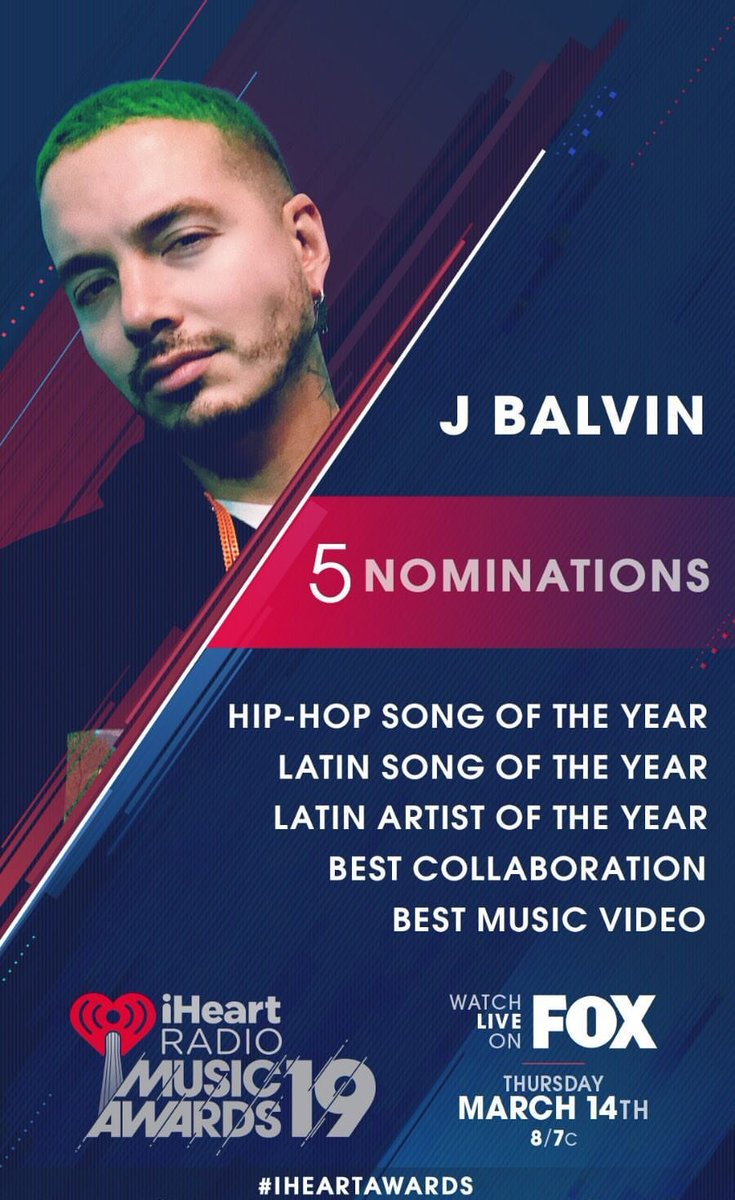.<a href="/JBALVIN/">J BALVIN</a> has 5 nominations at this year's <a href="/iheartradio/">iHeartRadio</a> awards! 

Voting begins today and ends March 8.