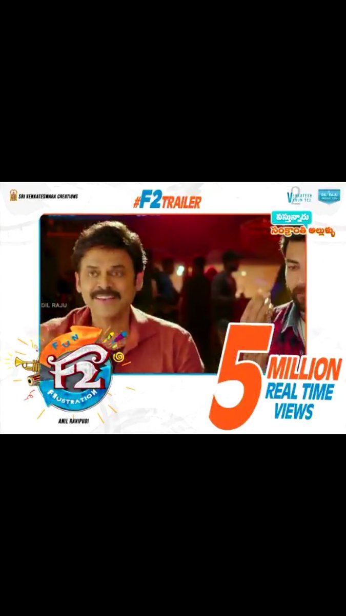 VenkySaketh143's tweet photo. 5 Million + Views Still counting
#F2Trailer
( with in lesstime)
https://t.co/MYOSwlcDc5
బాగా ఎంజాయ్ చేస్తున్నారు గా ..
అంతేగా ... అంతేగా
#F2Sankranthi
Jan 12th Release #VictoryVenkatesh #Venkatesh #Venky @NagarajaReddyS
@SreekanthVenkyy @SreeyaEeranki https://t.co/KjSiHILtOn