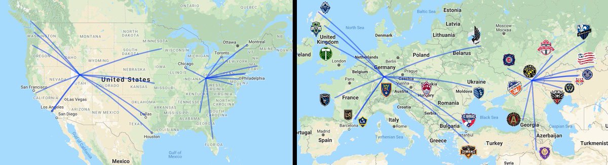 MLS clubs remapped to equivalent distances across Europe