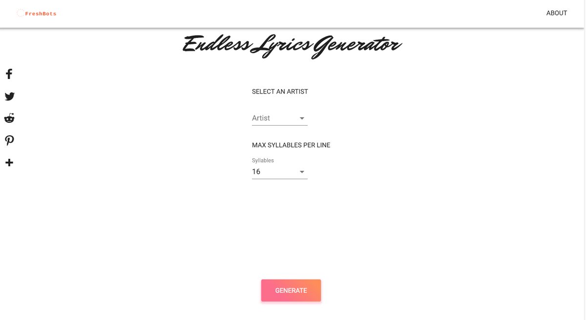 freshrobots's tweet image. Check out the endless lyrics generator. Try generating lyrics in the styles of over 40 artists! #MachineLearning
Here's a little snippet: