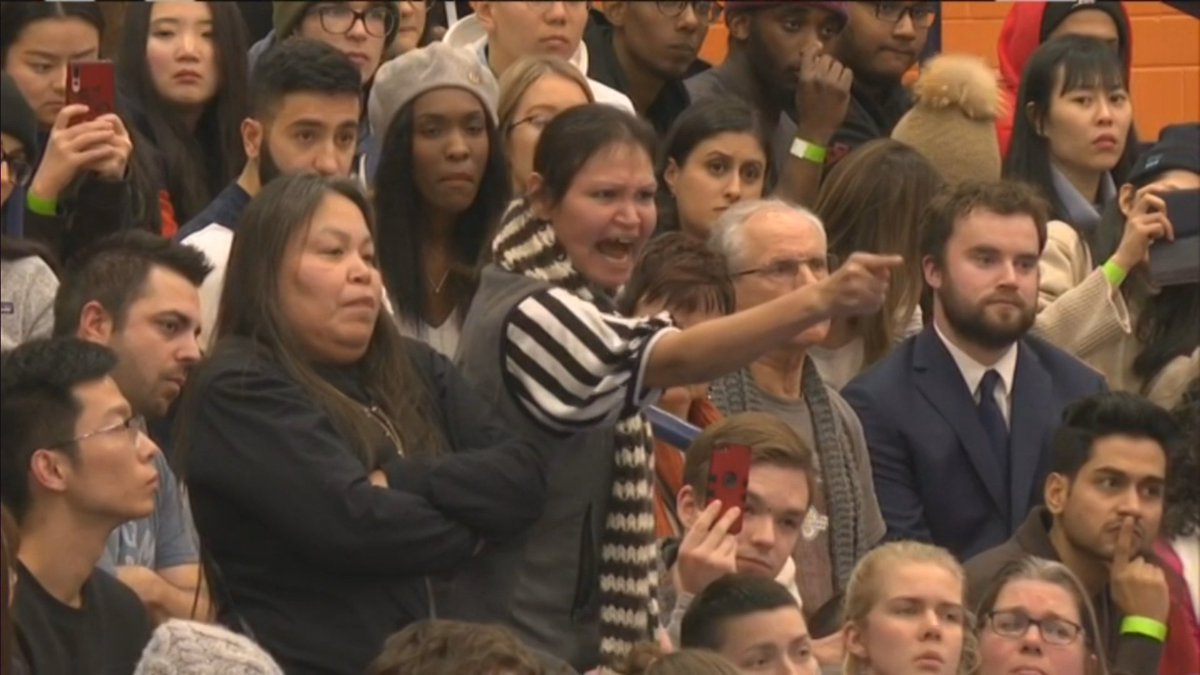 APTNNews's tweet photo. 'you're protecting a dirty pipeline and that is not honourable' an audience member yells at Prime Minister @JustinTrudeau - Watch the town hall live here: https://t.co/TwSmkXNlPM https://t.co/lxJPB3yYBe