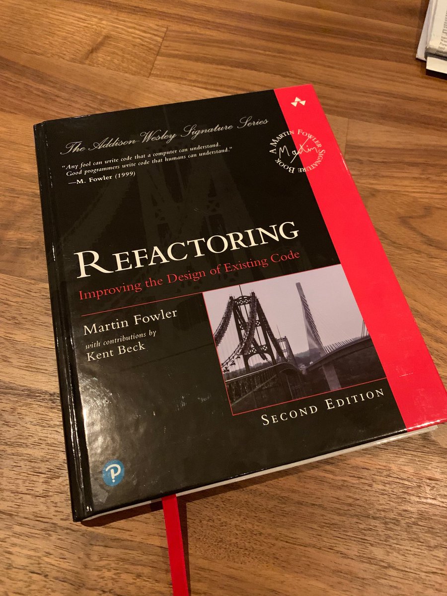 dhh's tweet photo. It’s such a pleasure to be in the company of ⁦@martinfowler⁩’s Refactoring book again. 

Whenever you read it last, it’s time to read it again. And if you haven’t read it yet, please do before writing another line of code. https://t.co/X66APTryGy