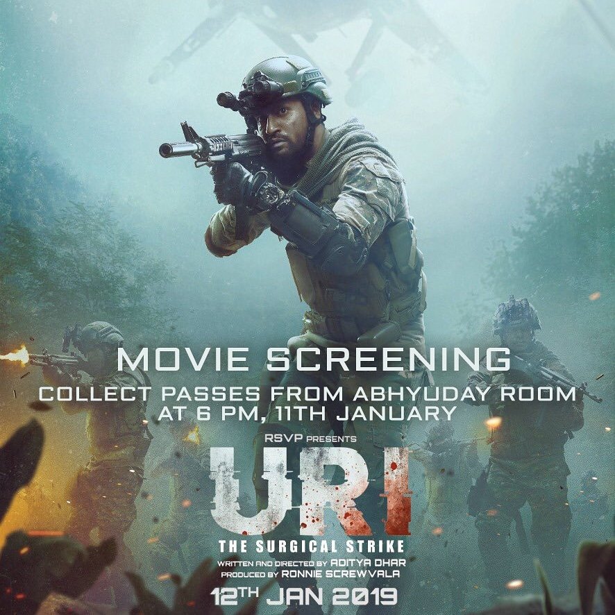 Following the terrorist attacks at Uri Army Base camp in Kashmir, India takes the fight to the enemy. Based on this, Vicky Kaushal and Yami Gautam starrer 'URI' is releasing on 11th of Jan, 2019. <a href="/Abhyuday_IITB/">Abhyuday, IIT Bombay</a> has organised a special screening during the Annual Social Festival.