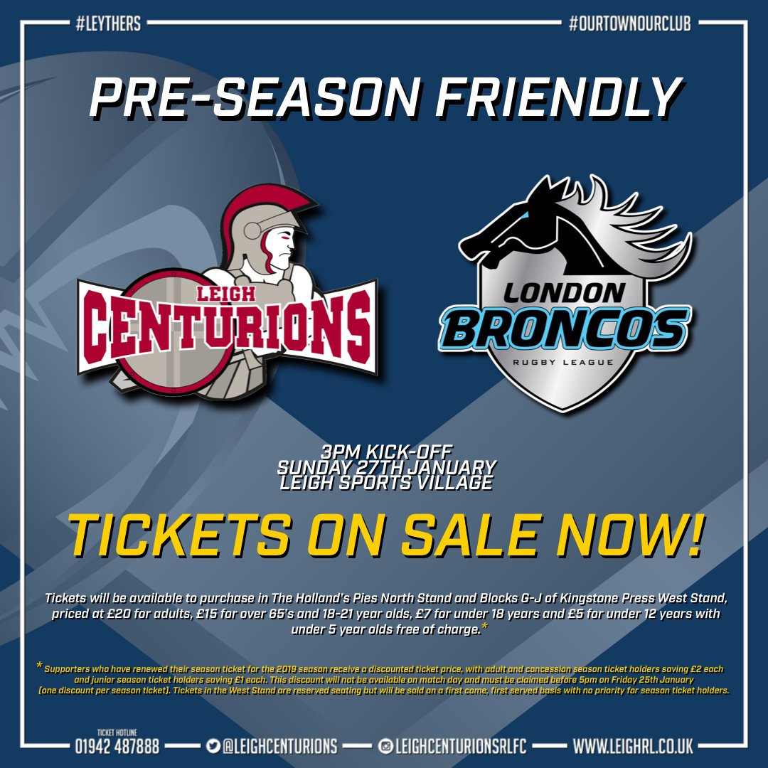 Tickets are now on sale for our pre-season warm up game against newly promoted <a href="/SuperLeague/">Betfred Super League</a> side <a href="/LondonBroncosRL/">London Broncos</a>. 

Let’s show our new boys what the Leythers are all about! Let’s get <a href="/lsvstadium/">Leigh Sports Village</a> rocking for them! #OurTownOurClub