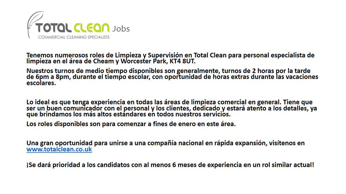 TotalCleanJobs's tweet image. Alerta de empleo nuevo... totalclean.co.uk/jobs 
#totalclean #Trabajos #Trabajosdelimpieza