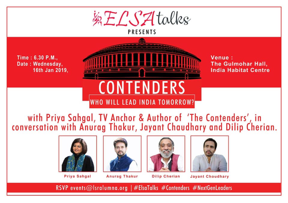 LSRELSA's tweet photo. Waiting to meet you at the #ELSATalks Jan 16-Wednesday! Mark your calendars- be there at 6.30pm!
Who Will Lead India Tomorrow?
@LSRDU @SHEROESIndia @htTweets @DelhiTimesTweet @Nidhi @mehartweets @ShutapaPaul @Priyascorner https://t.co/A0PyCjQpTH