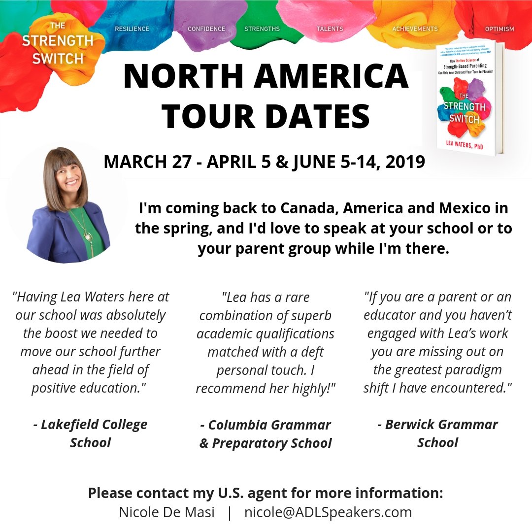 ProfLeaWaters's tweet photo. I'm coming back to North America this spring. While I'm there, I'd love to speak at your school or to your parent group.
DM me or contact my agent for more info.
#StrengthSwitch #PositiveParenting #StrengthBasedParenting #StrengthBasedTeaching https://t.co/vAweLBA1FB