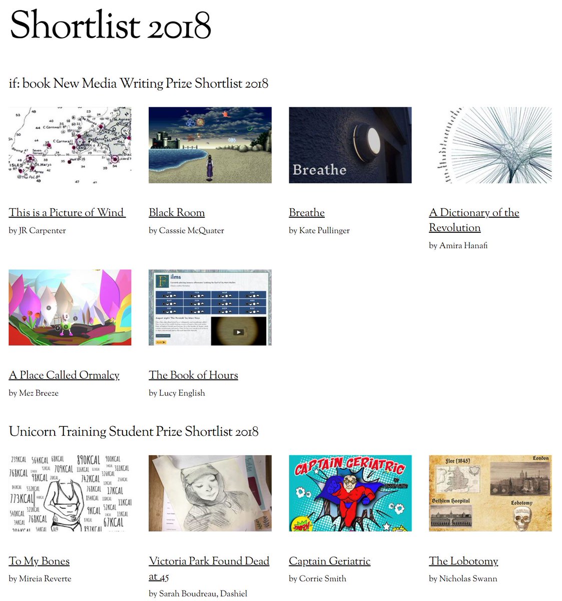 NMWPrize's tweet photo. The New Media Writing Prize 2018 Shortlist is now up!  https://t.co/k2KNRLGQiY #newmedia #writing #prize #2018. Also be sure to check out our fantastic archive of past winners and shortlists since 2010 https://t.co/jcmvq1gukx https://t.co/Q1umB9HBb3