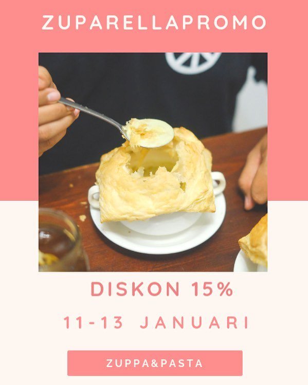 PROMO DISKON 15%!!
Jangan ketinggalan ya buat dapetin potongan 15% untuk menu Zuppa &amp; Pasta di Zuparella!
.
.
Promo berlaku mulai besok Jumat sampai Minggu 13 Januari!!
.
.
Oiyaa promo berlaku untuk dine in &amp; takeaway ya!!
.
.
.
.
.
. .
📌 Zuparella
📍… instagram.com/p/Bsc2PzAFoMB/