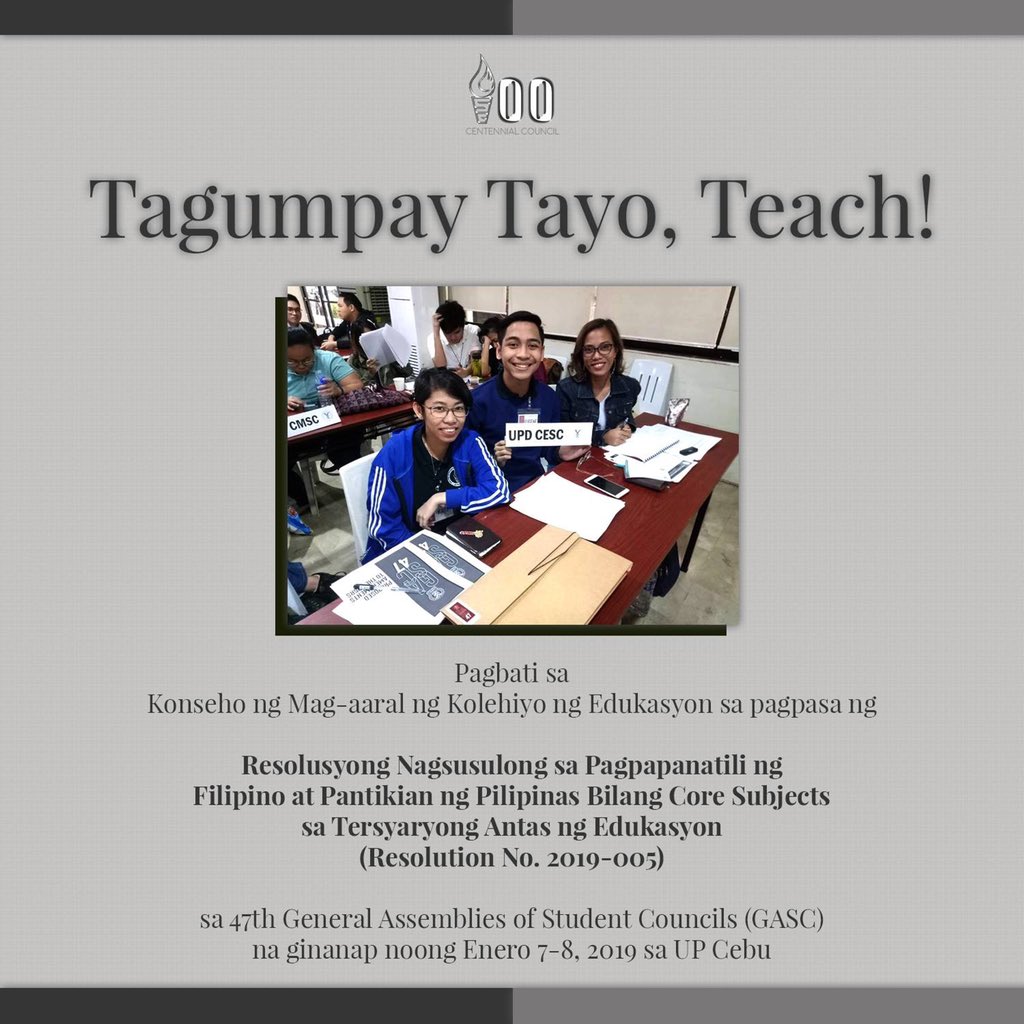 UPCESC's tweet photo. Tinanggap ng ika-47 General Assembly of Student Councils (GASC) ang “Resolusyong Nagsusulong sa Pagpapanatili ng Filipino at Panitikan ng Pilipinas sa Tersyaryong Antas ng Edukasyon" na akda ng CESC. 

Kasama ka, Guro ng bayan, sa adhikaing ito!

#TanggolWikaAtBayan
#GASC47 https://t.co/7Gsgm82NHW