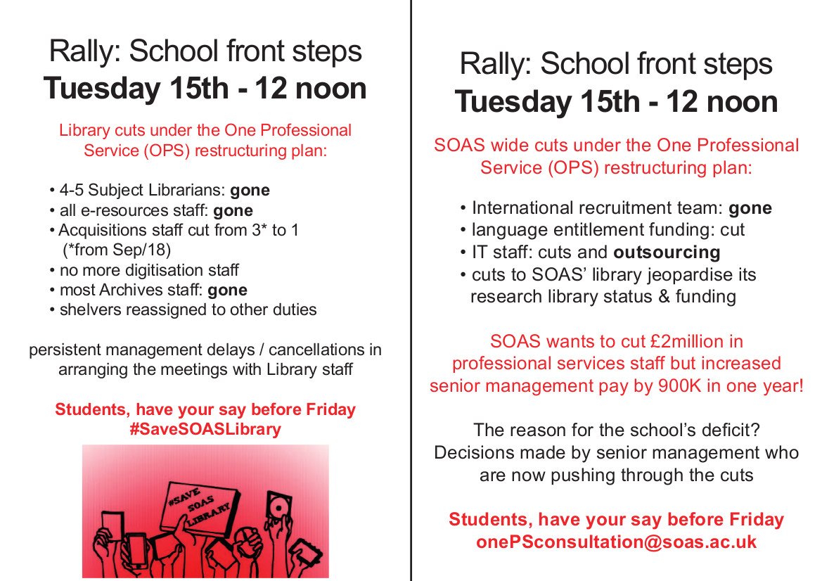 SaveSOASLibrary's tweet image. RALLY against the cuts @SOASLibrary and support staff @SOAS. Tuesday 15th January, 12pm, main SOAS Steps #SaveSOASLibrary #SaveSOASServices