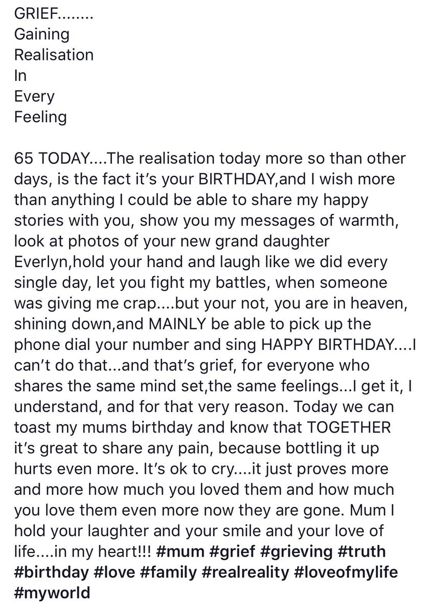 Happy Birthday Mum,My angel forever and always, for anyone going through what I go through each and every day..I TRULY UNDERSTAND. Remember the ones we love EVERY MINUTE you need to. #messgeformum #myangel #birthdayangel  #talkaboutthem GRIEF=Gaining-Realisation-In-Every-Feeling