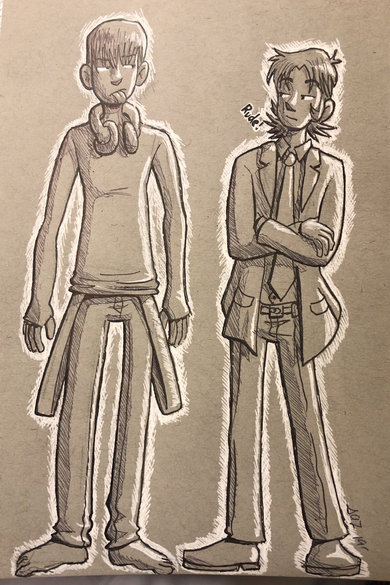 TiredPuppeteer's tweet image. Working with toned paper. Here’s two of my #originalcharacters interacting (aka annoying) with each other. #traditionalart #puppetocs
