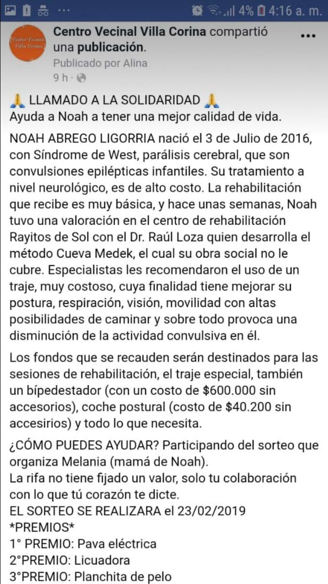 CVVillaCorina's tweet photo. LLAMADO A LA SOLIDARIDA NOAH ABREGO LIGORRIA nació con Síndrome de West.
Lo recaudado sera para la rehabilitación, traje especial, bípedestador (sale $600.000), coche postural (sale $40.200), etc.
Si no tenes movilidad y queres ayudar, escribinos y nosotros seremos tu nexo. 🙏🙏 https://t.co/virlR85Qbz