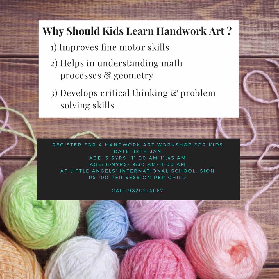 Register your kids for a handwork art workshop using wool and other supplies with Hemal Chhadawa who will get the kids to explore their creative side.

Click here goo.gl/forms/JKn4K9Xa… or call us on 9820214667 between 9am-3pm to book your seat today!
#workshopsforkids