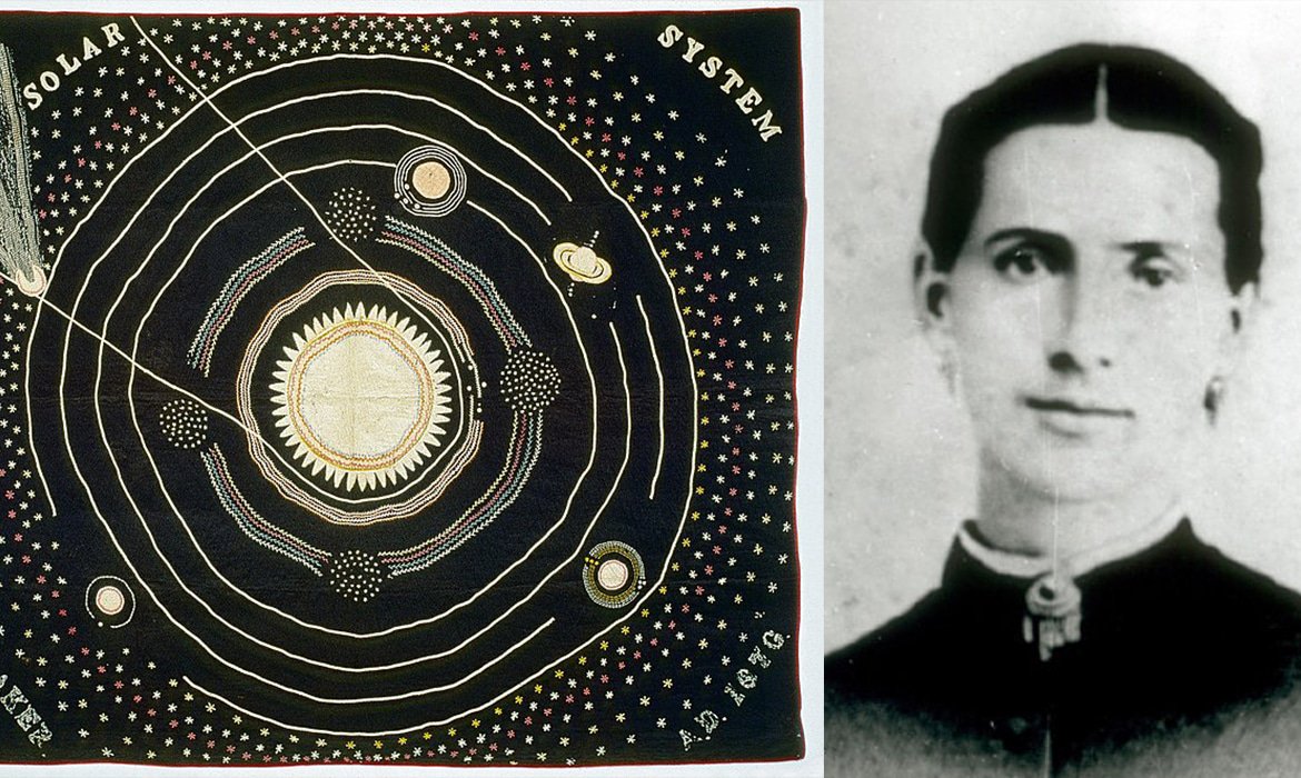 'Solar System' quilt by Ellen Harding Baker of Cedar County, Iowa, US in 1876, used as a teaching aid for her lectures on astronomy in the small towns of her state #womensart