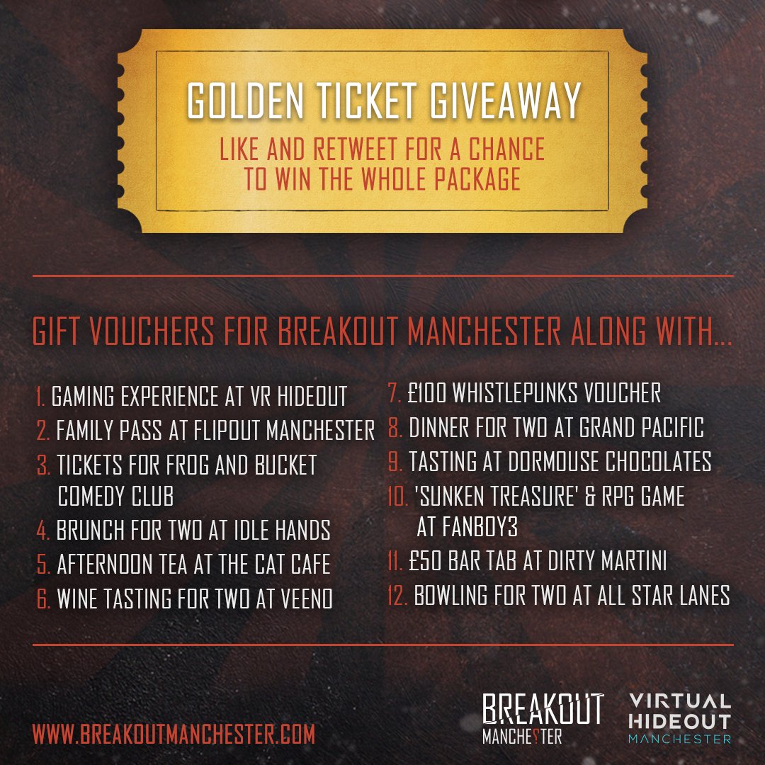 breakoutmcr's tweet image. COMPETITION TIME!  Experience the best that Manchester has to offer with our biggest prize ever - like and retweet for a chance to win. Good luck! 
#breakout #manchester #breakoutmanchester #goldenticketgiveaway #biggestprizeever