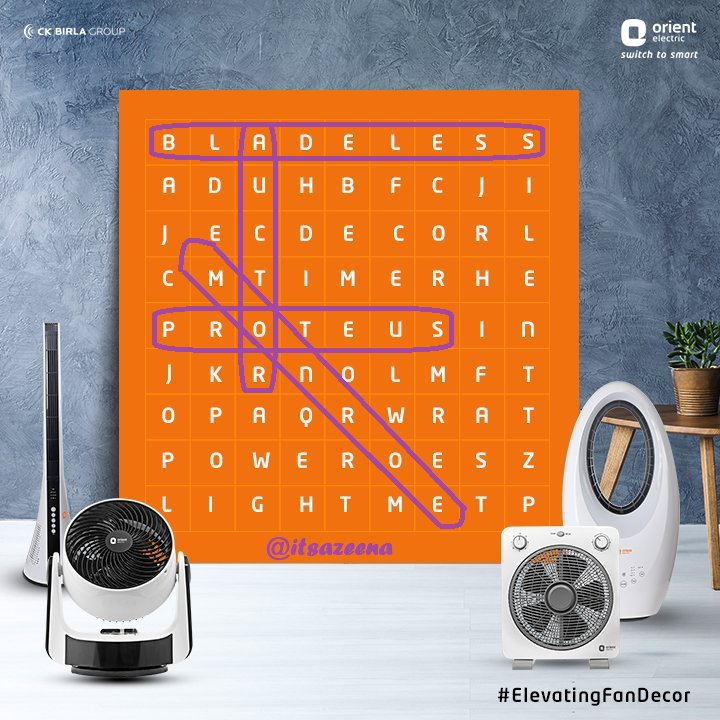 itsazeena's tweet photo. @orient_electric 1) Bladeless
2) Monroe
3) Auctor
4) Proteus
@meghadhanesh @praveen3a @emNishant @PradeshP2
#ElevatingFanDecor #WinningWednesday #ContestAlert https://t.co/lPB9JNsc1J