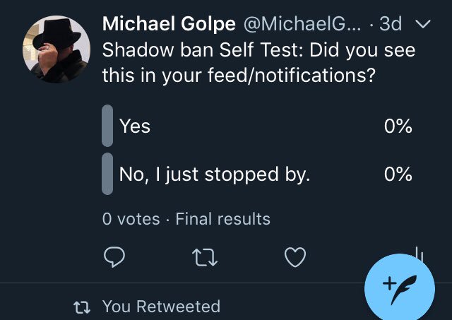 MichaelGolpe's tweet image. I #selfidentify as #Shadowbanned . This post was up for a week. Damned the torpedoes, now full speed on righteousness!