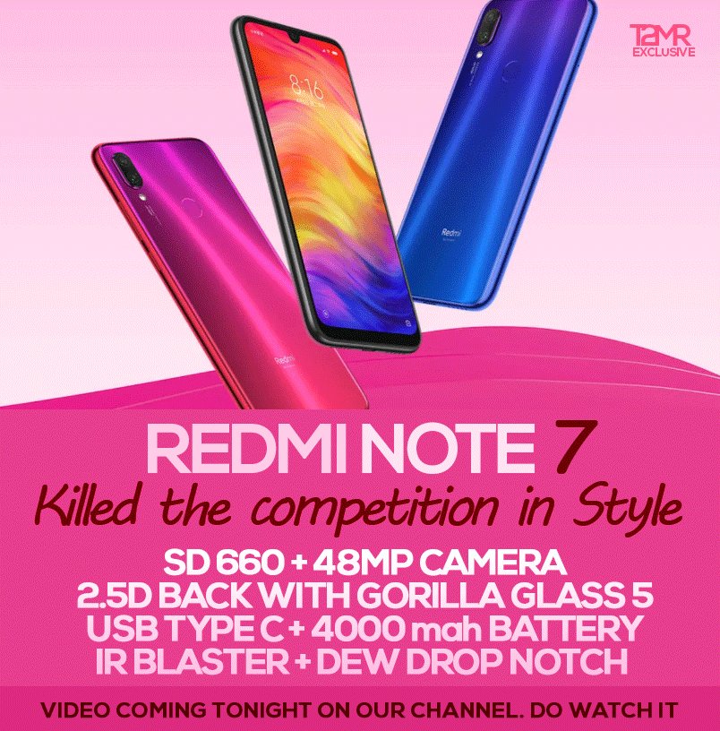 t2mrhd's tweet photo. #RedmiNote7 #SD660 + 48MP (Samsung GM1 sensor) + 6.3 inch water drop notch display + USB TYPE C + 4000 mah battery + IR Blaster + 2.5 d glass back.. the list goes on.. Video is coming tonight on the channel https://t.co/skBfcys2Cg