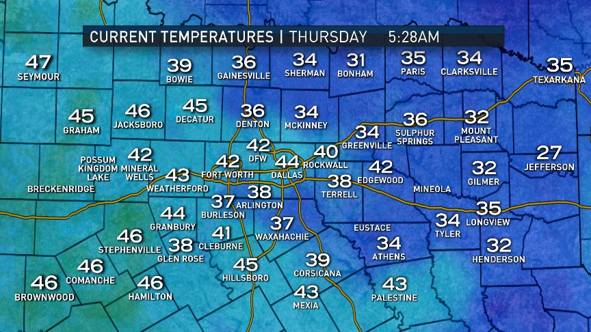 MissKeishaBurns's tweet photo. Good morning, North Texas! A few sprinkles will be possible today, otherwise it's another chilly morning with more cloud cover. Here's a look at current temps. #NBCDFWWeather https://t.co/bfYbbbsBx2