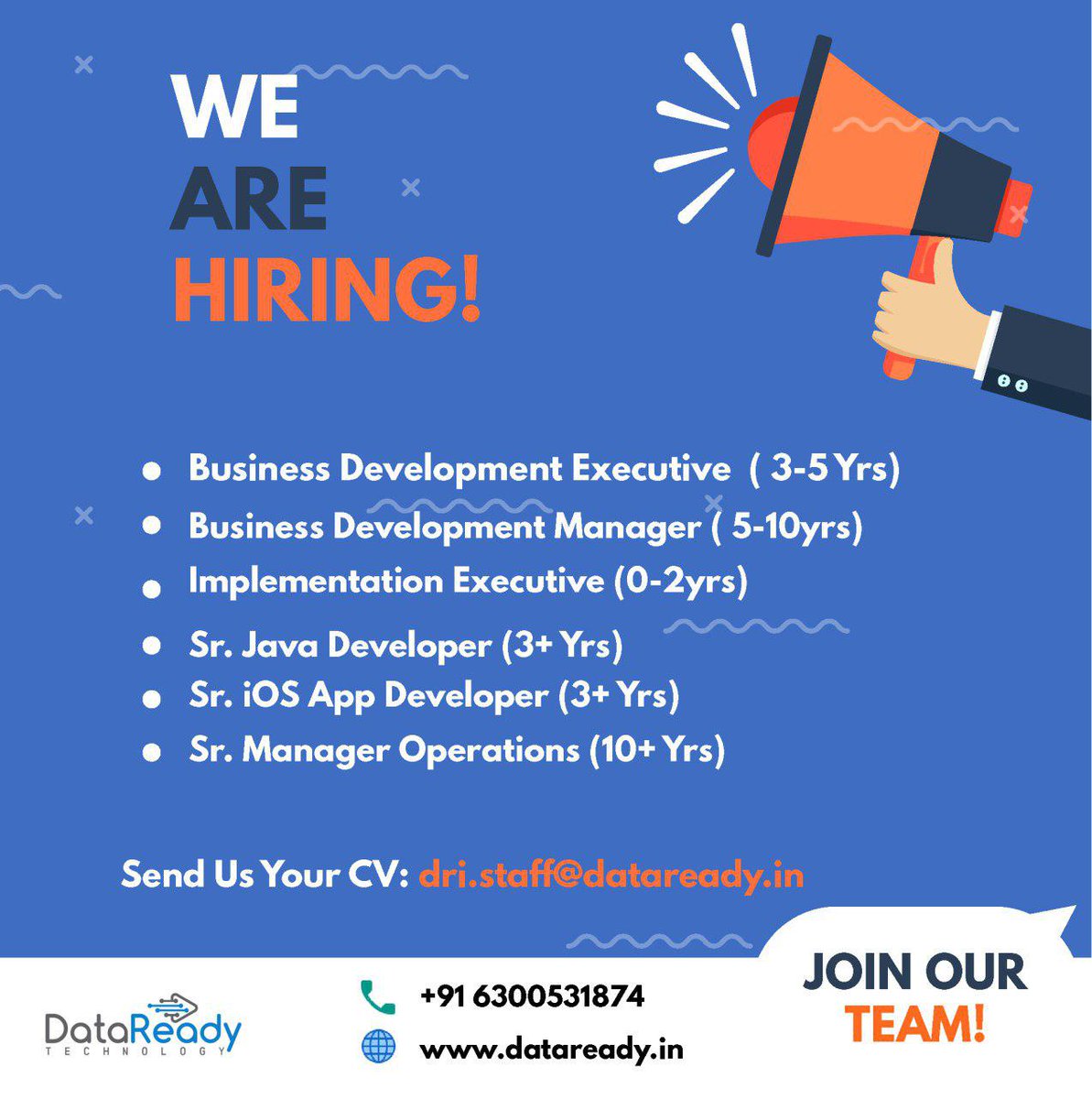 DataReadyTech's tweet image. We are hiring the following positions at #DataReady. Contact +91 6300531873. dataready.in