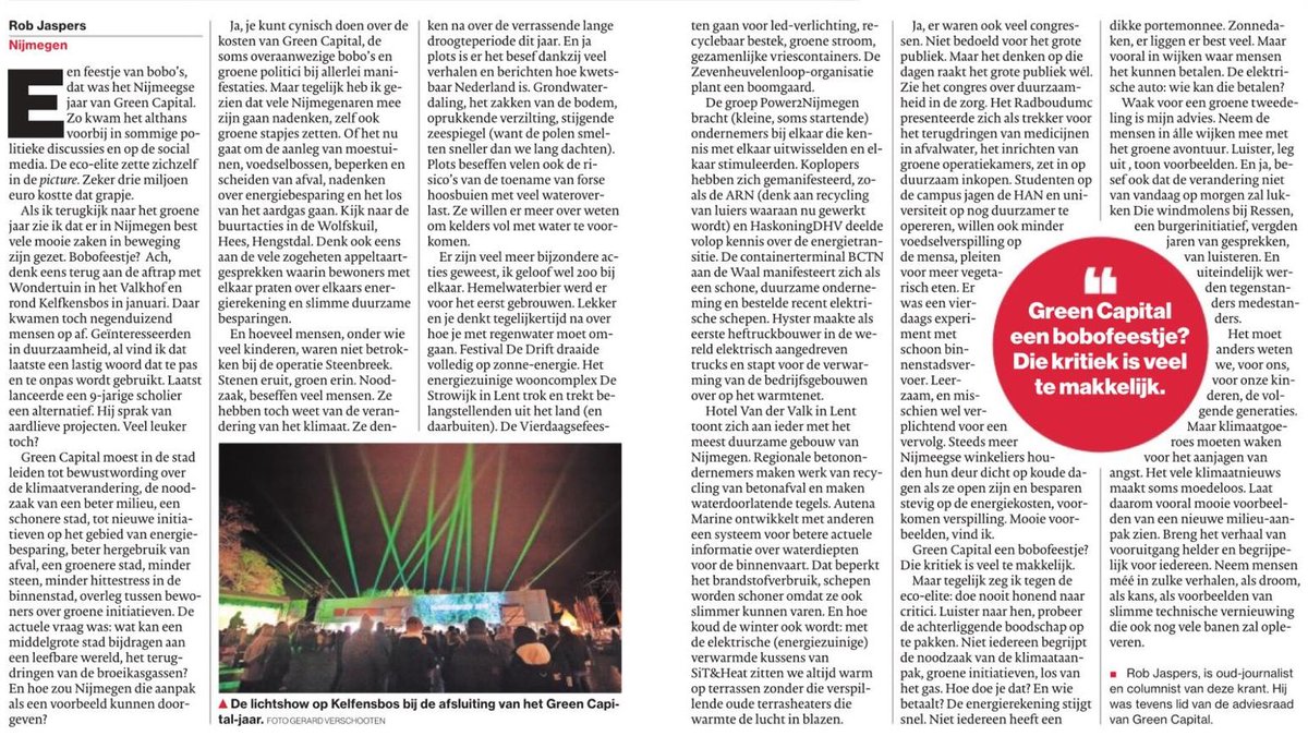 Terugblik op het Green Capitaljaar door Rob Jaspers vandaag in de Gelderlander. 
<a href="/jasparov/">Rob Jaspers 🇺🇦</a> <a href="/GreenCapital18/">Nijmegen European Green Capital 2018</a> <a href="/GreenChNijmegen/">GreenChallenges</a> <a href="/RadboudDuurzaam/">Radboud Duurzaam</a> <a href="/HotelNijmegenLe/">Hotel Nijmegen-Lent</a> <a href="/sitandheat/">Sit & Heat</a> <a href="/DuurzaamHees/">duurzaam Hees</a> @RaboRvN <a href="/RvNhub/">RvN@</a> @RHDHV_NL <a href="/Strowijk/">Iewan Nijmegen</a> <a href="/EnergieBurgers/">Burgers Geven Energie</a> <a href="/DZcafe024/">Duurzaamheidscafe024</a> @DeBastei <a href="/HarrietTiemens/">Harriet Tiemens</a>