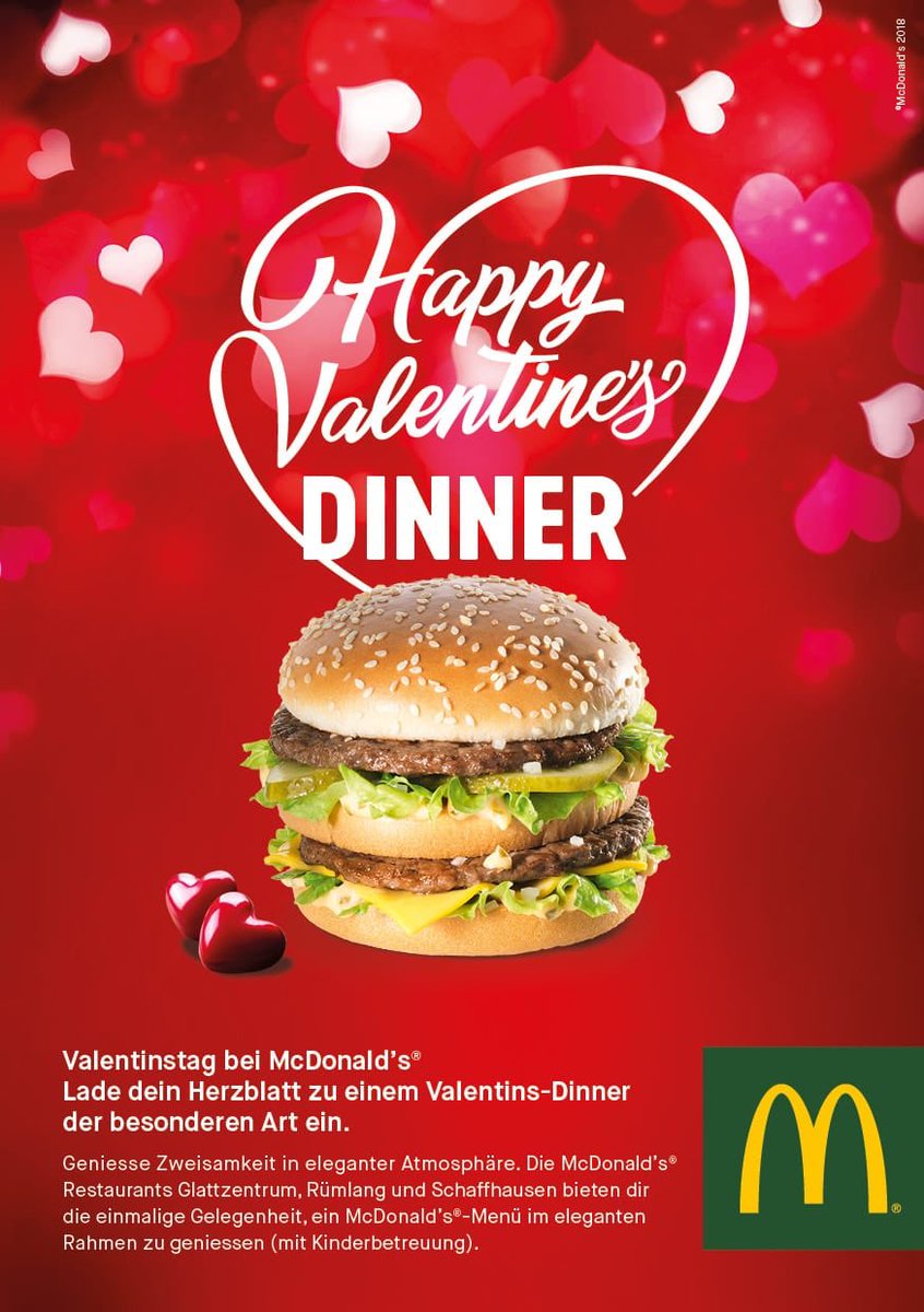 Monah on Twitter: "Schaaaatz wie wärs mir einem romantischen  Valentinsdinner im #McDonalds 💋 #schaffhausen #rümlang #glattzentrum  @bendy_ch #valentinstag https://t.co/ny0oIDHCWz" / Twitter