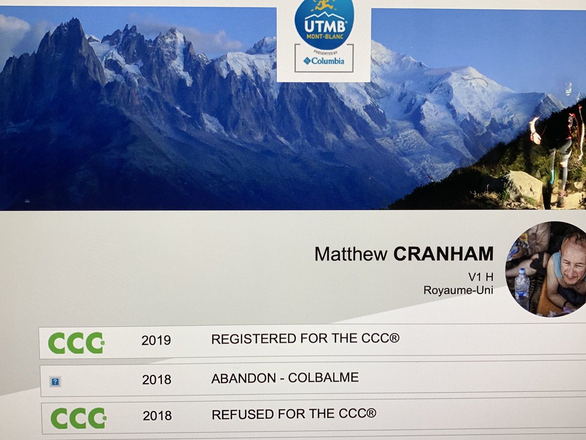 MatthewCranham's tweet photo. Well thank you #UTMB I’ve got my ballot spot !
Time to up my game #Ultra2019 #ukRunChat #Running https://t.co/z4OSruhRLo