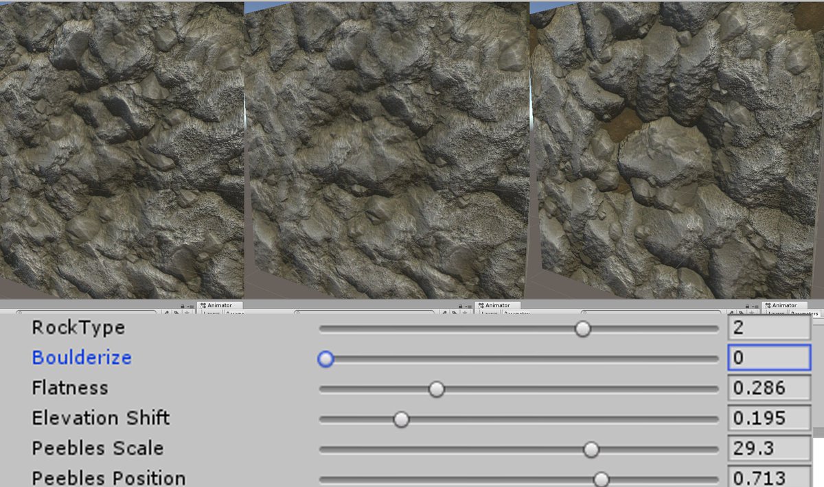 'Boulderize' slider, making compact rock more fragemented, still unsure how to make tons of variations of rocks yet, so many possibilities. #SubstanceDesigner #unity