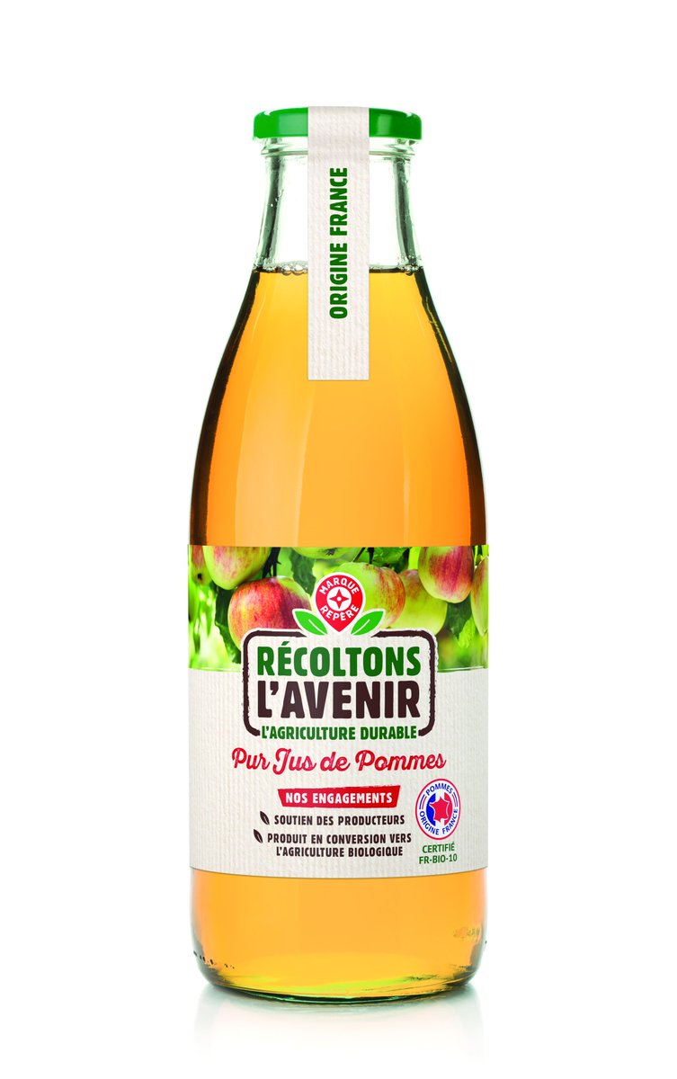 #Leclerc lance une nouvelle marque "fille" de sa #MDD Marque Repère : "Récoltons l'avenir". Pour les produits en conversion bio. Malin pour accompagner la conversion vers le bio tout en légitimant le prix. Premier produit : un jus de pomme.