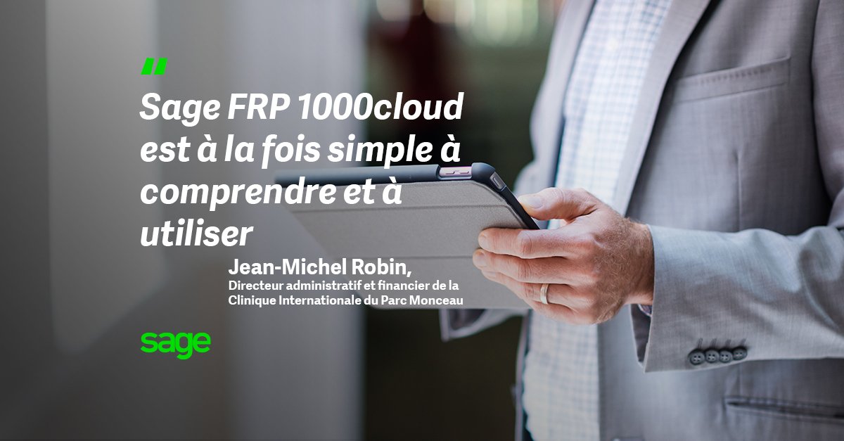 SageFrance's tweet photo. Sage #FRP1000cloud : le choix de la #modularité ? Entretien avec Jean-Michel Robin, Directeur administratif et financier de la Clinique Internationale du Parc Monceau 👉 https://t.co/WhKNvfiOmT #SageBusinessCloud https://t.co/d2kJCttacT
