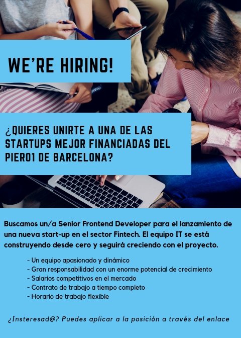 WisarTR's tweet photo. 📢 We're Hiring! Buscamos un/a #SeniorFrontendDeveloper (#REACT), independiente y proactivo, para formar parte del lanzamiento de una de las #startups mejor financiadas del #Pier01Barcelona ¿eres tú? ¿interesad@? Puedes aplicar 👉 https://t.co/w8w4RSLyHW #jobvacancy #Barcelona https://t.co/4KG7FLOwgf