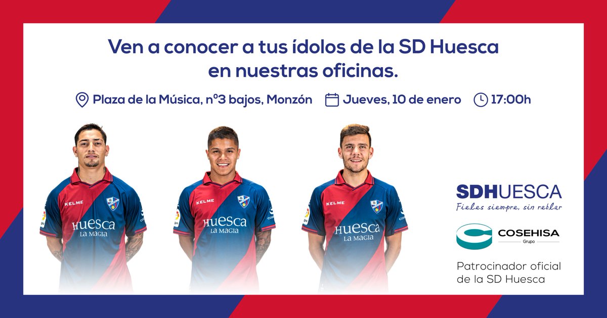 cosehisa's tweet photo. ⚽️ ¡Ven con los tuyos a conocer a tus ídolos de la @SDHuesca! 😉
📍 Plaza de la Música, nº3 bajos, #Monzón.
🗓 Jueves, 10 de enero.
🕔 17.00h.
👤 @chimy337 @cucho1099 @alexgallar11 https://t.co/m2WhpZAHIU