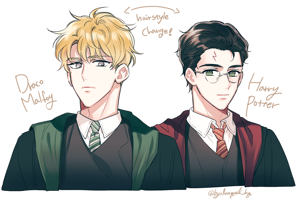 byulrorqual_hq's tweet photo. 리퀘박스) 드레해리 헤어스타일 반전 (깐머리 더벅머리 반전) 이요('o'!
#drarry hairstyle change!
요새 그림을 하도 날림으로 그려서...이번엔 명암도 넣어보는 채색으로..! https://t.co/qSUBcMNtdK