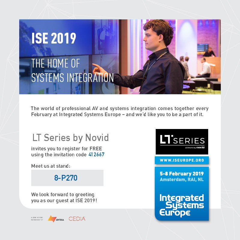 novidAV's tweet photo. We have been working hard in the past year to make the best LED tile you have ever experienced! Join us at @ISE_Show 2019 @RAIamsterdam Click this link https://t.co/j58NAYDjZ8 and register for your free ticket by using the LT Series code 412667. See you soon! https://t.co/el18IjAELY
