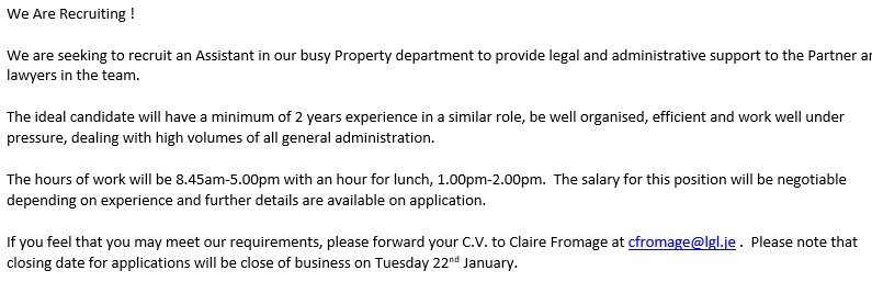 We Are Recruiting !

We are seeking to recruit an Assistant in our busy Property department to provide legal and administrative support to the Partner and lawyers in the team.