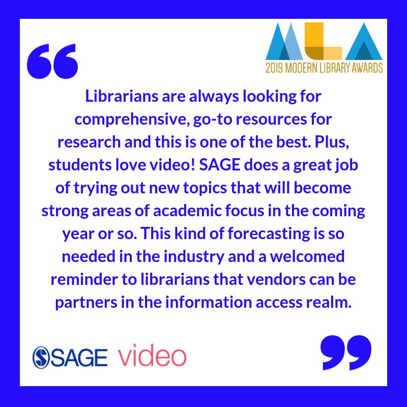 Sage_Publishing's tweet image. Congrats to SAGE Video for winning a @LibraryWorks MLA Award!  ow.ly/i7O350k9yhZ #ModernLibraryAwards👏🏆