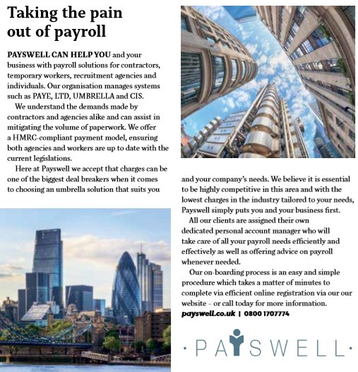 payswell's tweet photo. Look out for our new ad in the evening standard! 
We are happy to have a chat with you regarding any questions or advice you are looking for. Call us today on 0800 1707774 or email hi@payswell.co.uk

#payroll #payrollservices #payswell #construction #agency #contractor https://t.co/io2E1z5xqa