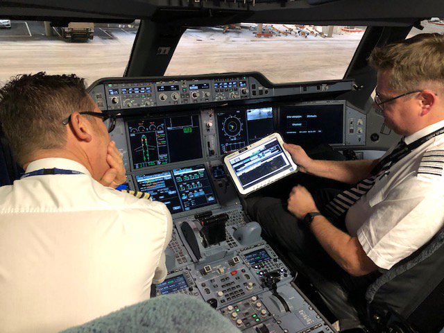 VirginAtlantic's tweet photo. Hello from the cockpit of an @Airbus A350. Today we trained on winter operations with the @Finnair Flight Academy. Are you as excited about the addition of the A350 to our fleet this year as we are? 

#Aviation #AVGeek https://t.co/L9zbyM3wwx