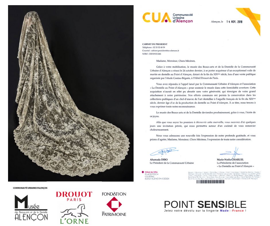 pointsensible's tweet image. 🇫🇷TRÉSOR DU #MADEINFRANCE🇫🇷 Très fiers d’avoir contribué à l’acquisition du Voile de la Mariée pour le compte du Musée de la #Dentelle d’#Alençon ! On a pas pu se rendre a l’inauguration pour raison de grossesse très avancée mais ce n’est que partie remise nous viendrons en mars.