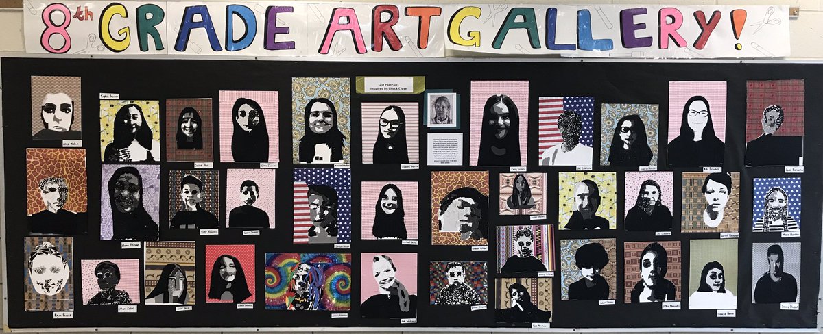 j_fass's tweet photo. 8th graders are unique! Check out these Chuck Close inspired self portraits. Students used photoshop, grey scale paper, and patterned paper to create these masterpieces! #scarsdalemspride #value #selfportrait https://t.co/U6Vvm6zU0m