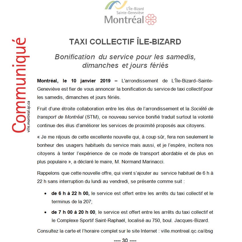 Très bonne nouvelle pour les usagers du service de taxi collectif à l'Île-Bizard.
Pour en savoir plus :  bit.ly/TaxiCollectifA…